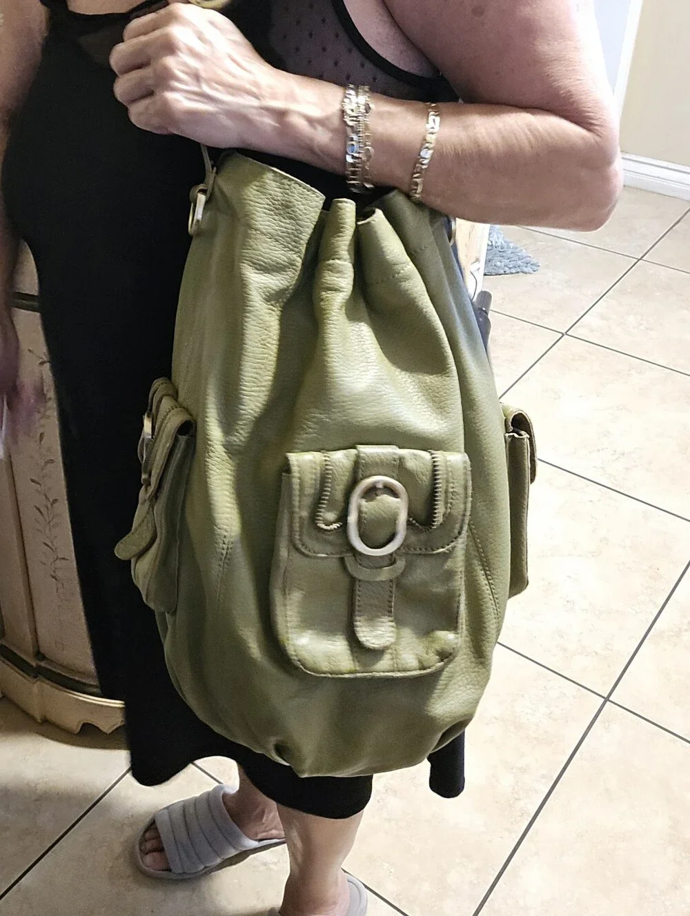 Rough Roses Lime Green Leather Drawstring Shoulder Bag